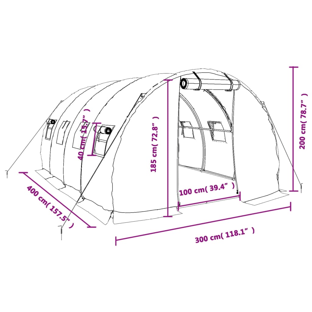 Staklenik s čeličnim okvirom zeleni 12 m² 4 x 3 x 2 m