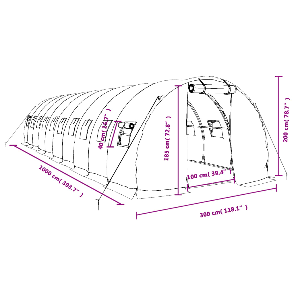 Staklenik s čeličnim okvirom zeleni 30 m² 10 x 3 x 2 m