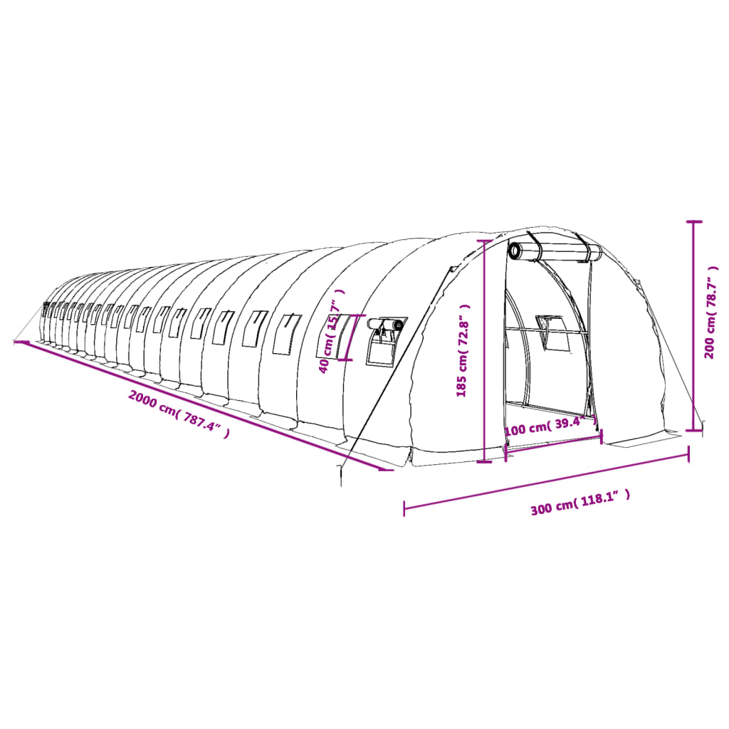 Staklenik s čeličnim okvirom zeleni 60 m² 20 x 3 x 2 m