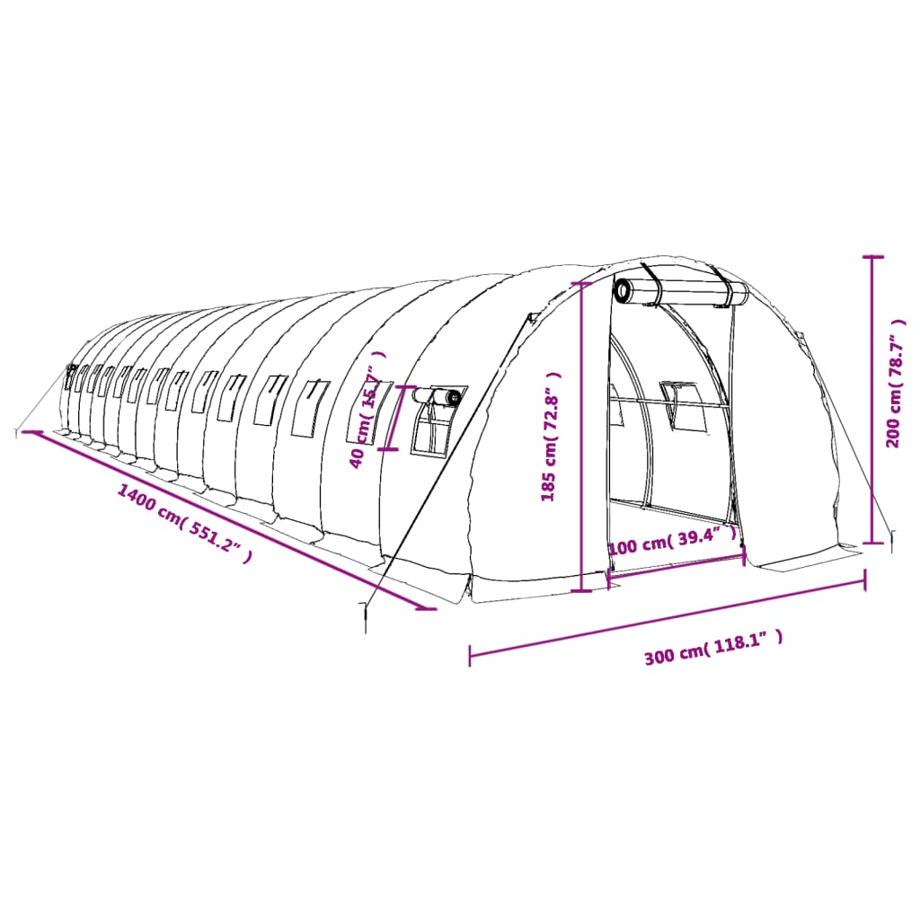 Staklenik s čeličnim okvirom bijeli 42 m² 14 x 3 x 2 m
