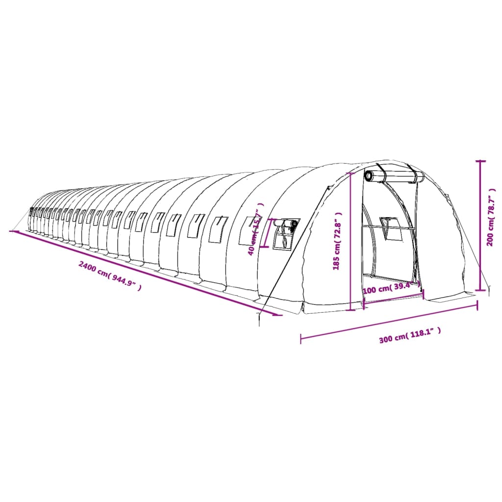 Staklenik s čeličnim okvirom bijeli 72 m² 24 x 3 x 2 m