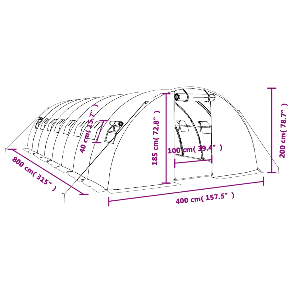 Staklenik s čeličnim okvirom zeleni 32 m² 8 x 4 x 2 m