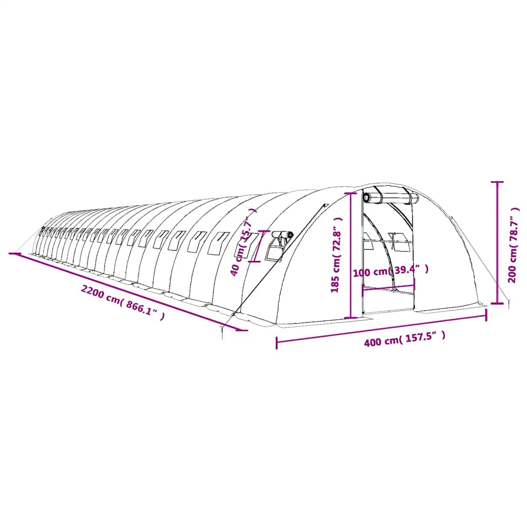 Staklenik s čeličnim okvirom zeleni 88 m² 22 x 4 x 2 m