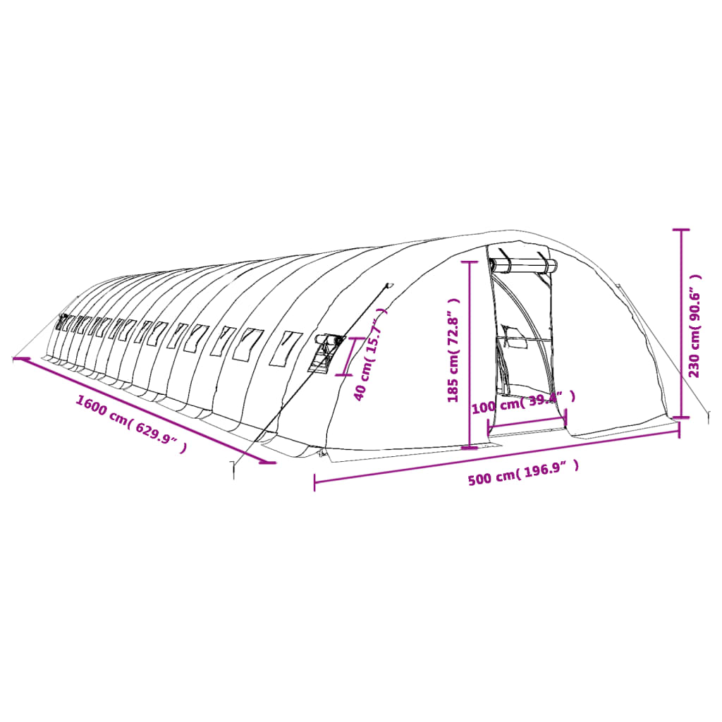 Staklenik s čeličnim okvirom bijeli 80 m² 16 x 5 x 2,3 m