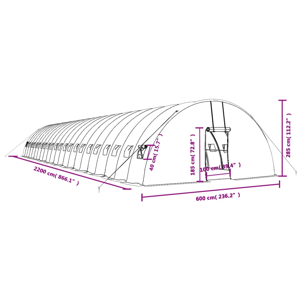 Plastenik s čeličnim okvirom zeleni 132 m² 22 x 6 x 2,85 m