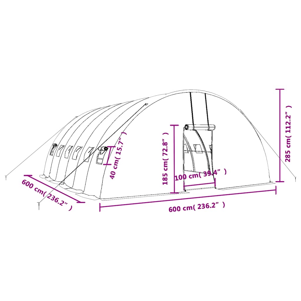 Staklenik s čeličnim okvirom bijeli 36 m² 6 x 6 x 2,85 m