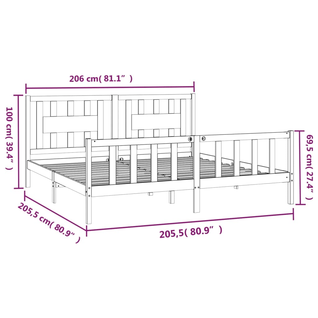 Okvir za krevet s uzglavljem crni masivna borovina 200 x 200 cm