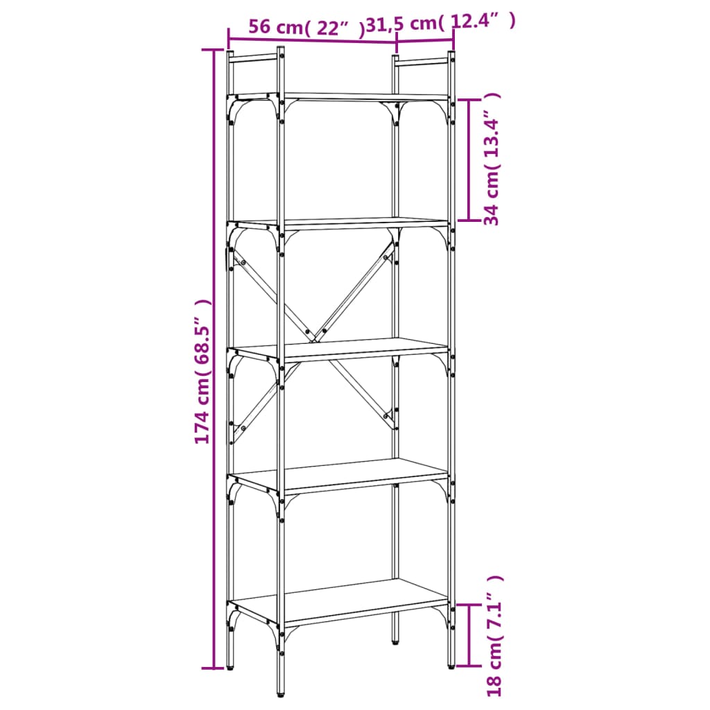Regal za knjige 5 razina siva boja hrasta 56x31,5x174 cm drveni