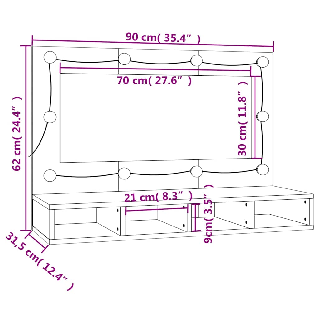 Ormarić s ogledalom i LED svjetlima crni 90 x 31,5 x 62 cm