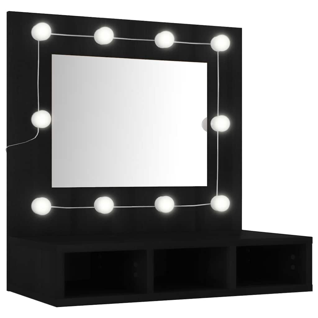 Ormarić s ogledalom i LED svjetlima crni 60 x 31,5 x 62 cm