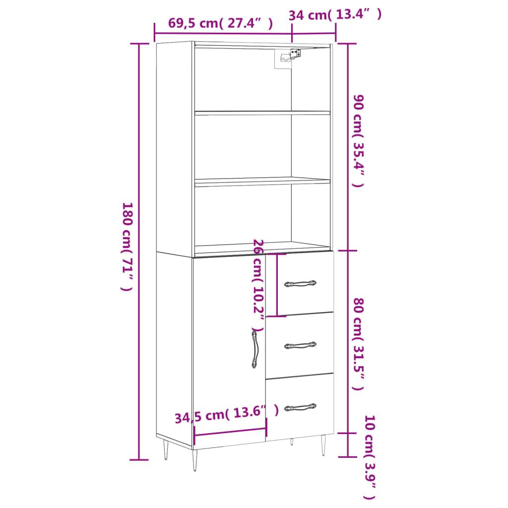 Visoka komoda siva betona 69,5x34x180 cm od konstruiranog drva