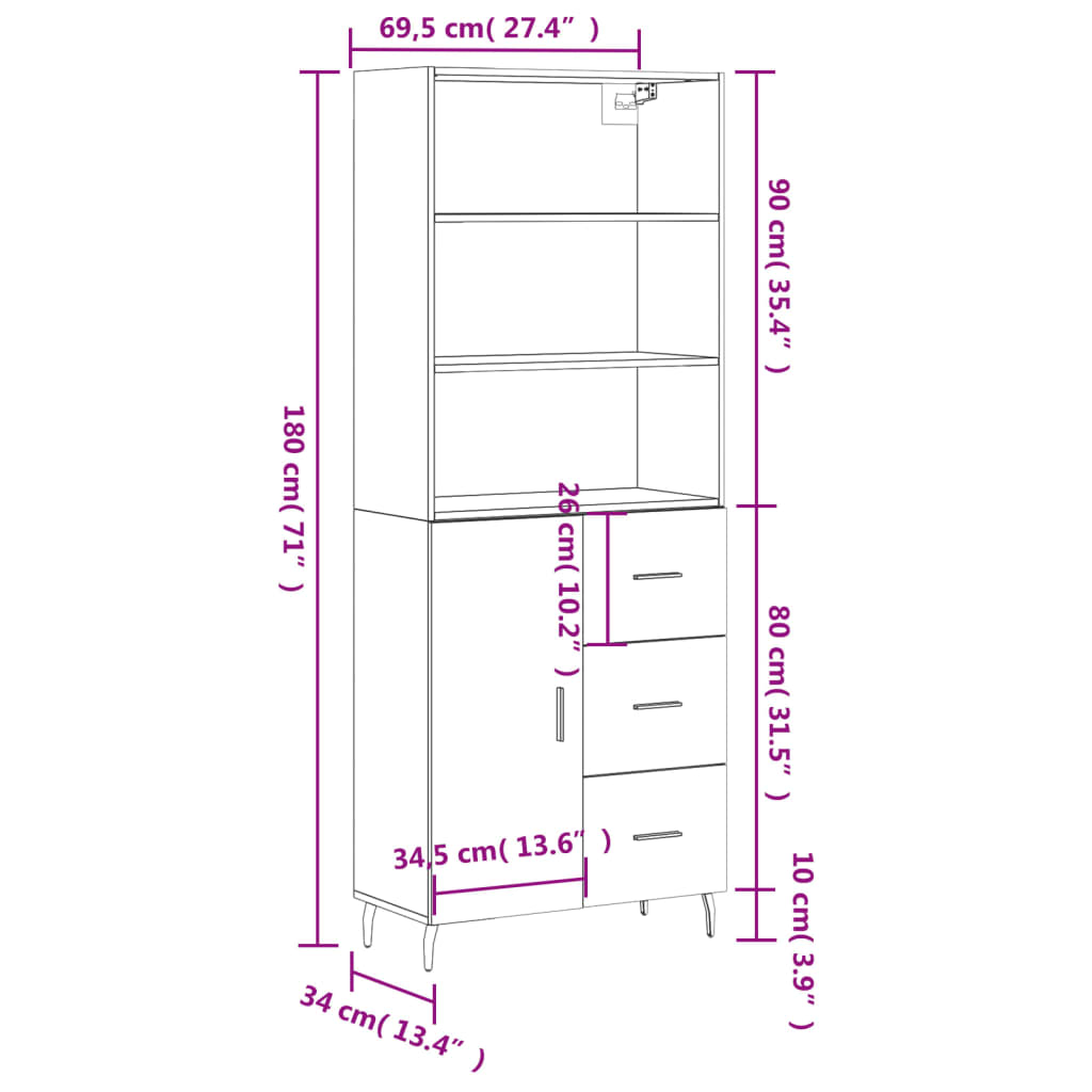 Visoka komoda siva sonome 69,5x34x180 cm od konstruiranog drva