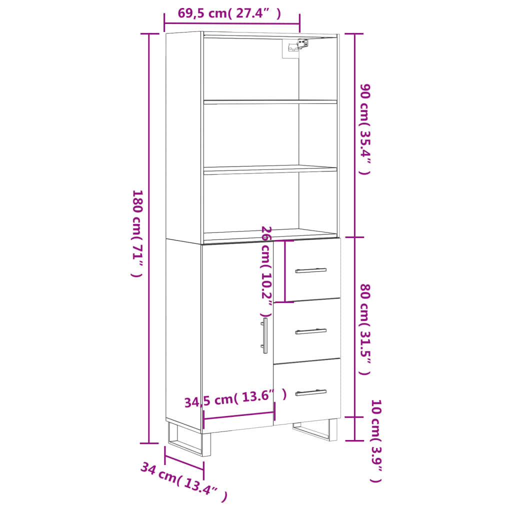 Visoka komoda siva betona 69,5x34x180 cm od konstruiranog drva