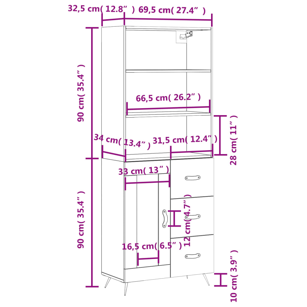 Visoka komoda bijela 69,5x34x180 cm konstruirano drvo