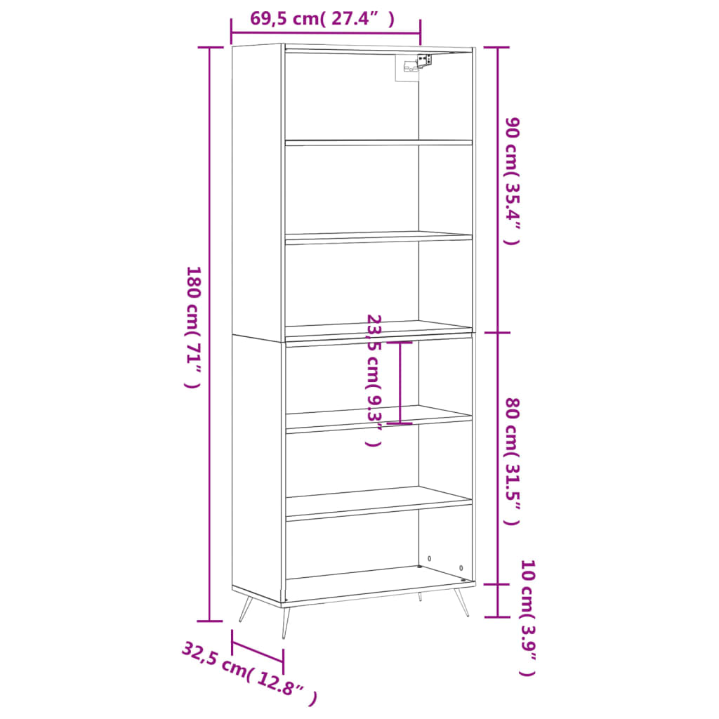 Visoka komoda bijela 69,5 x 32,5 x 180 cm od konstruiranog drva