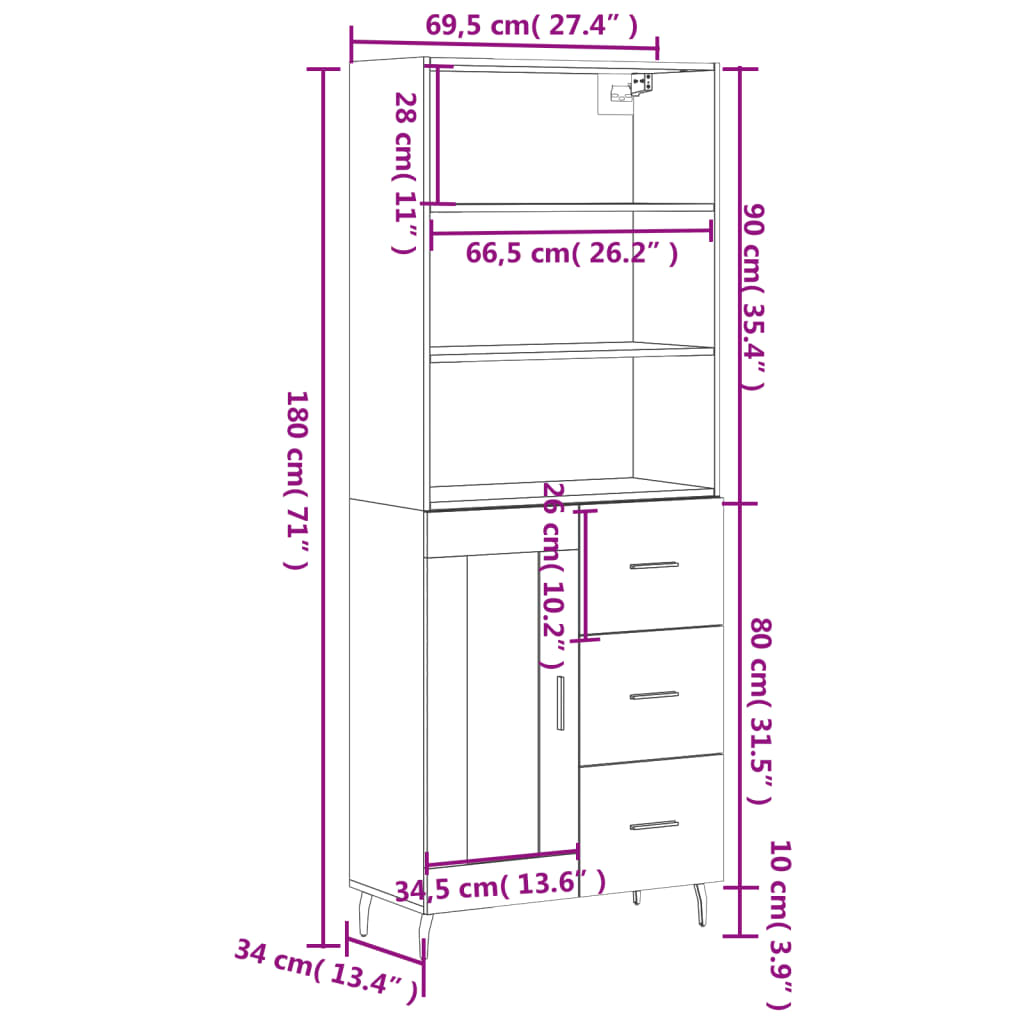 Visoka komoda siva sonome 69,5x34x180 cm od konstruiranog drva