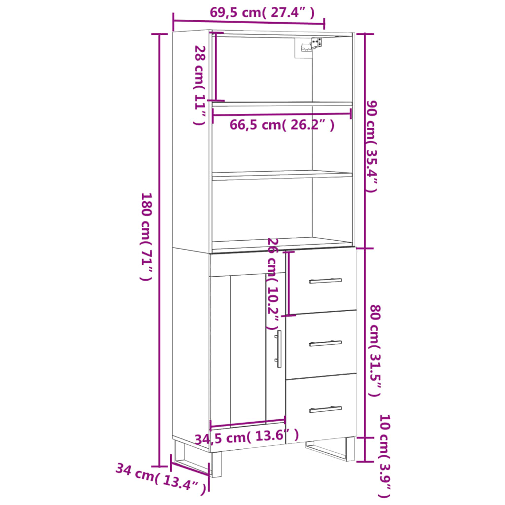 Visoka komoda hrasta sonome 69,5x34x180cm od konstruiranog drva