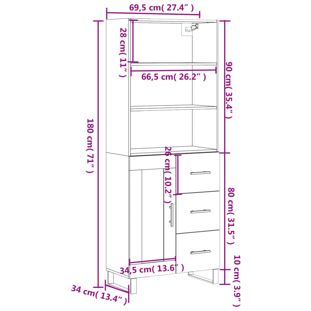 Visoka komoda siva sonome 69,5x34x180 cm od konstruiranog drva