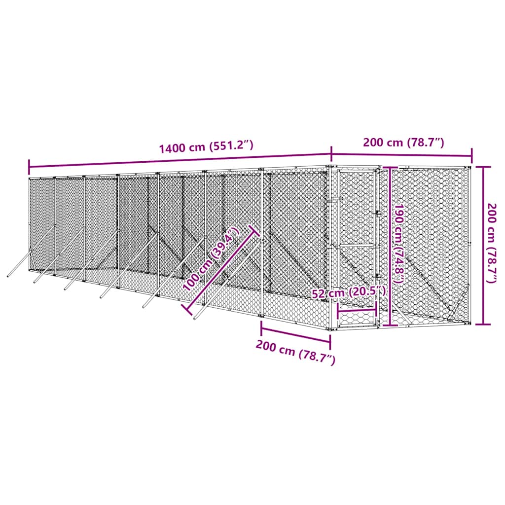 Vanjski kavez za pse srebrni 2 x 14 x 2 m od pocinčanog čelika