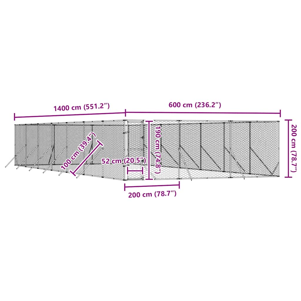 Vanjski kavez za pse srebrni 6 x 14 x 2 m od pocinčanog čelika