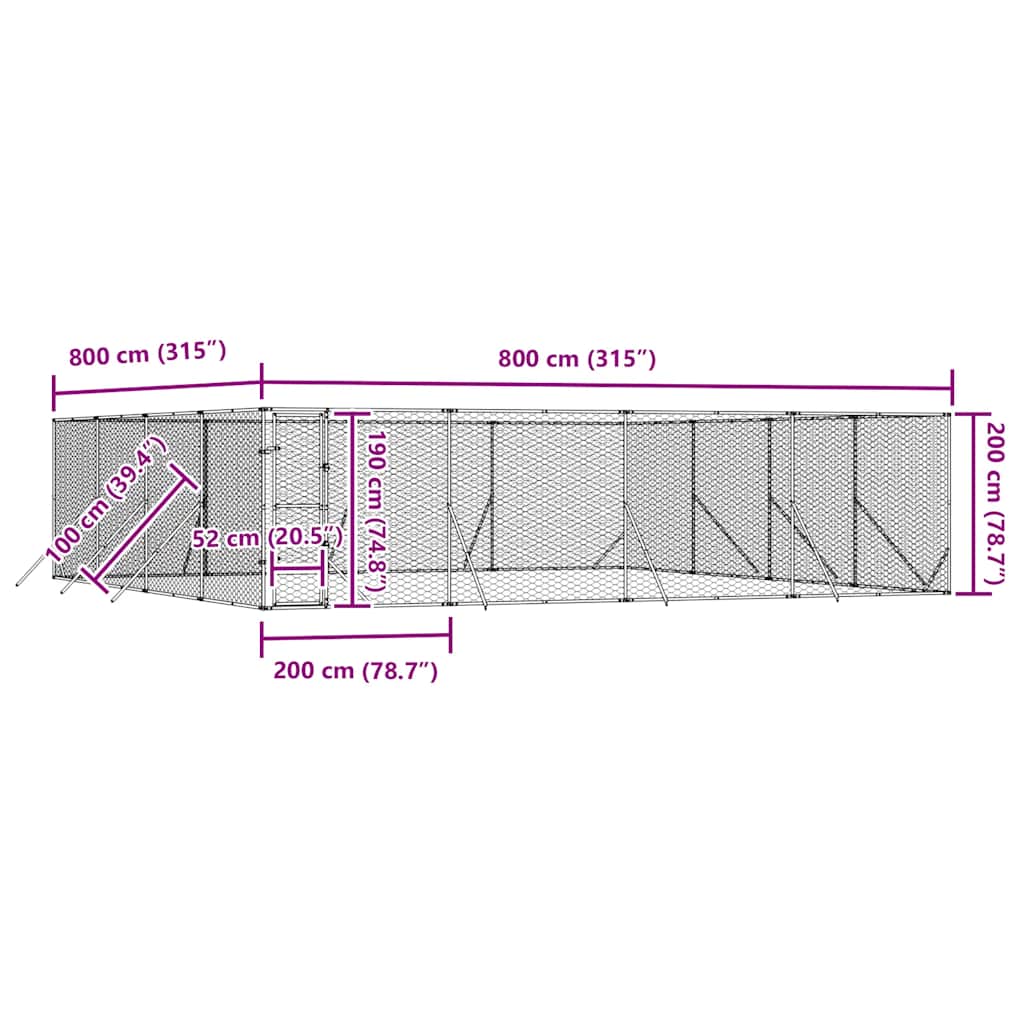 Vanjski kavez za pse srebrni 8 x 8 x 2 m od pocinčanog čelika