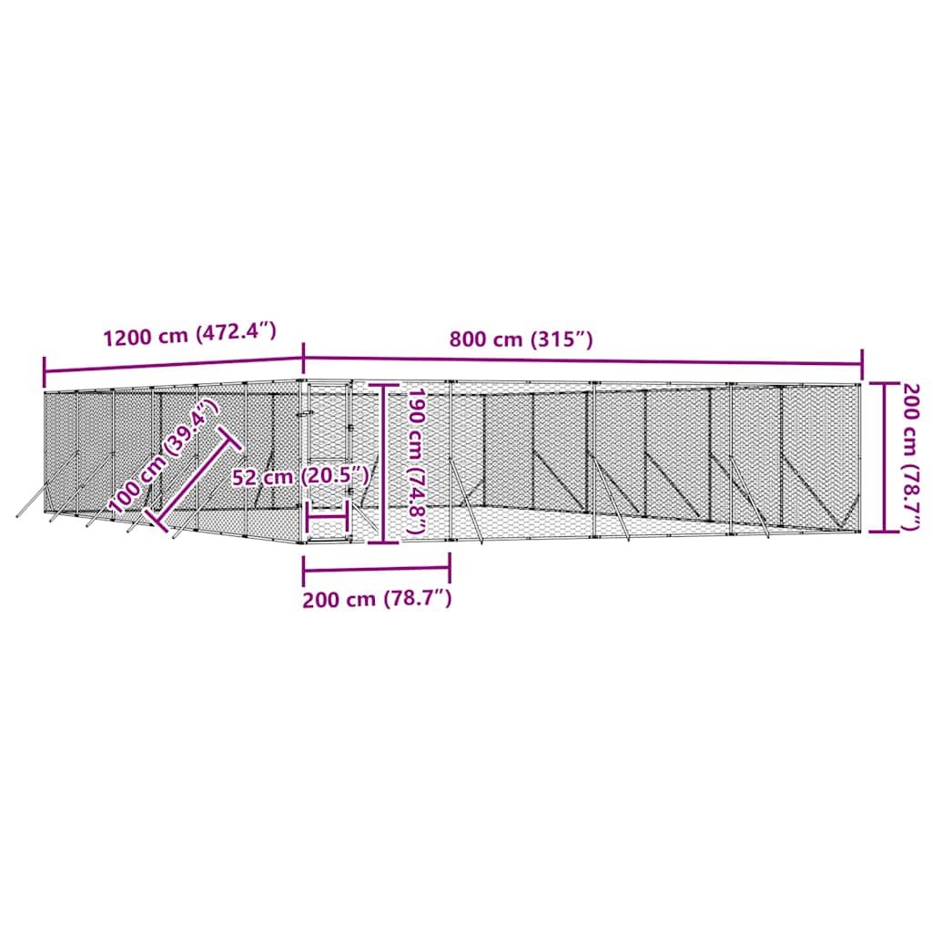 Vanjski kavez za pse srebrni 8 x 12 x 2 m od pocinčanog čelika