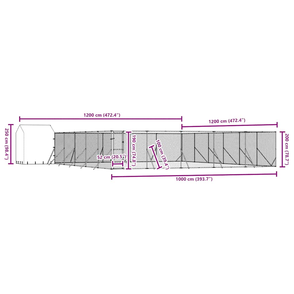 Vanjski kavez za pse s krovom srebrni 12 x 12 x 2,5 m čelični