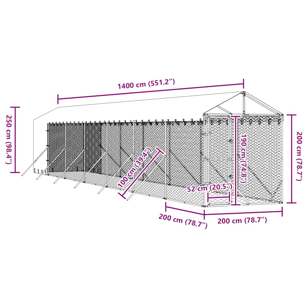 Vanjski kavez za pse s krovom srebrni 2x14x2,5m pocinčani čelik