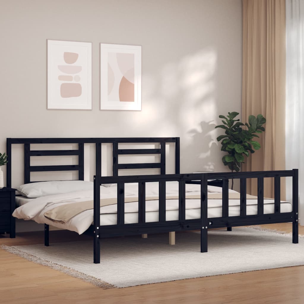 Okvir za krevet s uzglavljem crni 200 x 200 cm od masivnog drva
