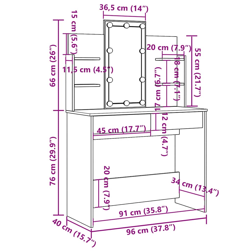 Toaletni stolić s LED svjetlima bijeli 96 x 40 x 142 cm