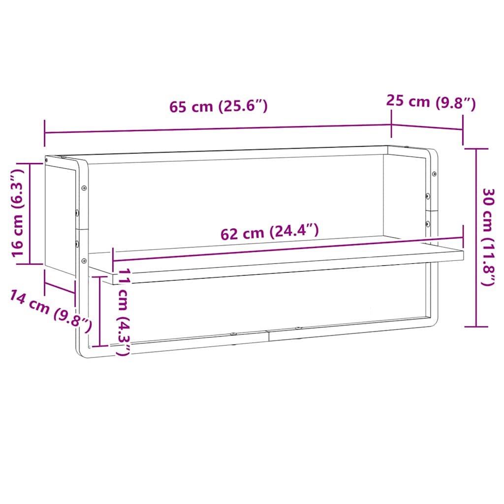 Zidna polica s prečkom dimljena boja hrasta 65x25x30 cm