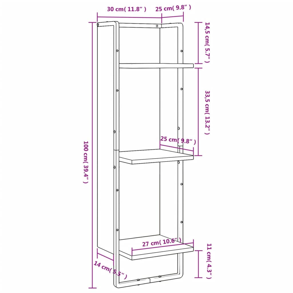 Zidna polica s 3 razine Boja hrasta 30x25x100 cm drvena