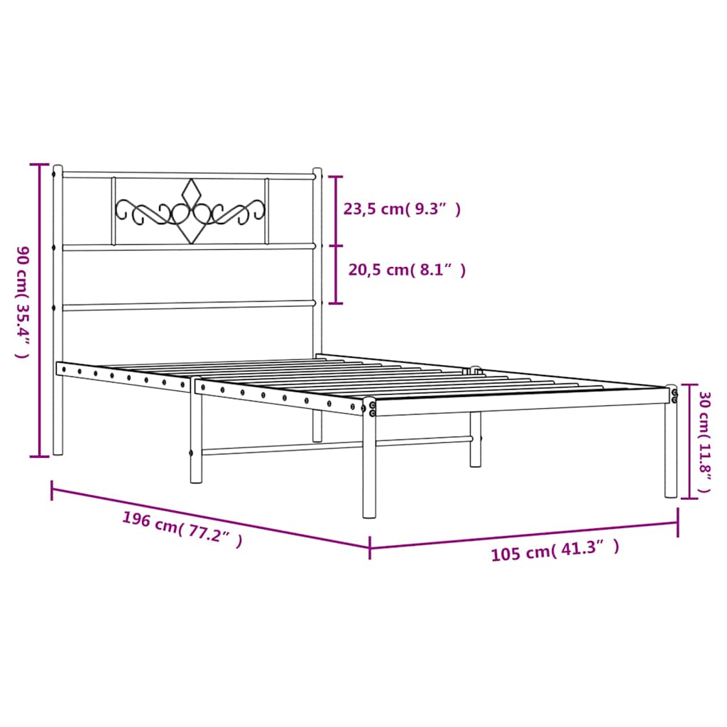 Metalni okvir za krevet s uzglavljem crni 100x190 cm