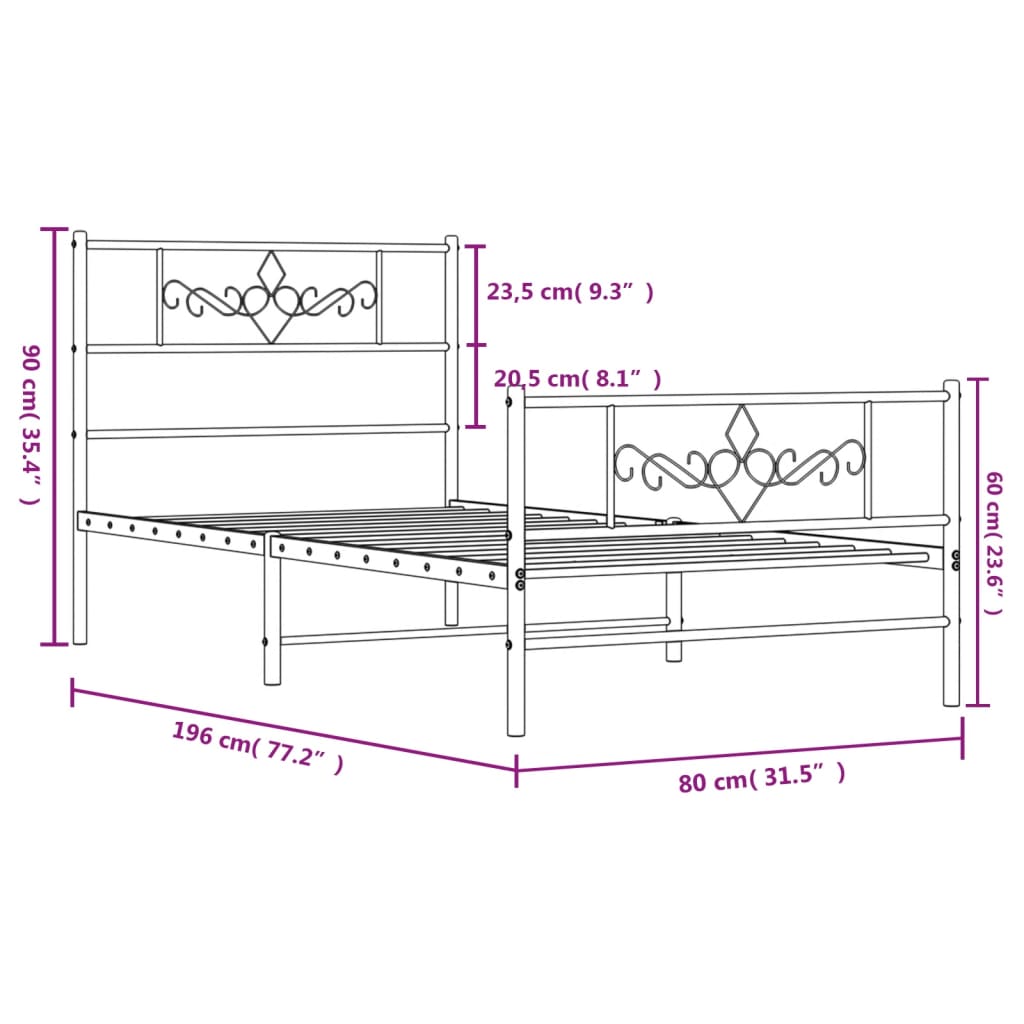 Metalni okvir kreveta uzglavlje i podnožje crni 75x190 cm