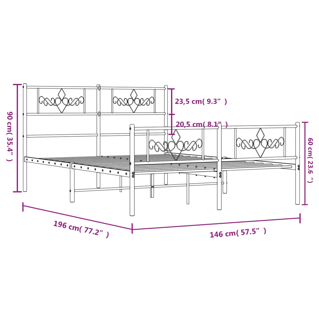 Metalni okvir kreveta uzglavlje i podnožje crni 140x190 cm