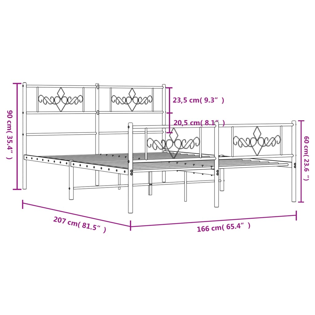 Metalni okvir kreveta uzglavlje i podnožje crni 160x200 cm