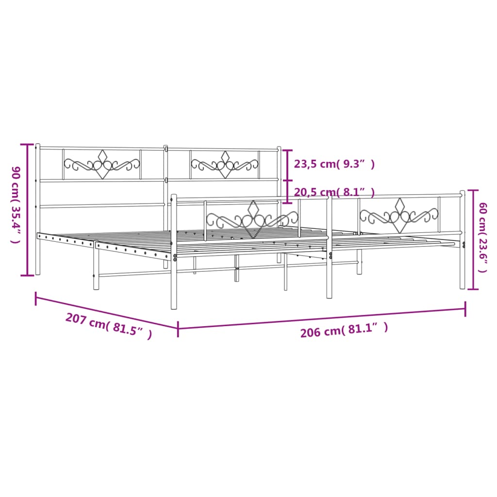 Metalni okvir kreveta uzglavlje i podnožje crni 200x200 cm