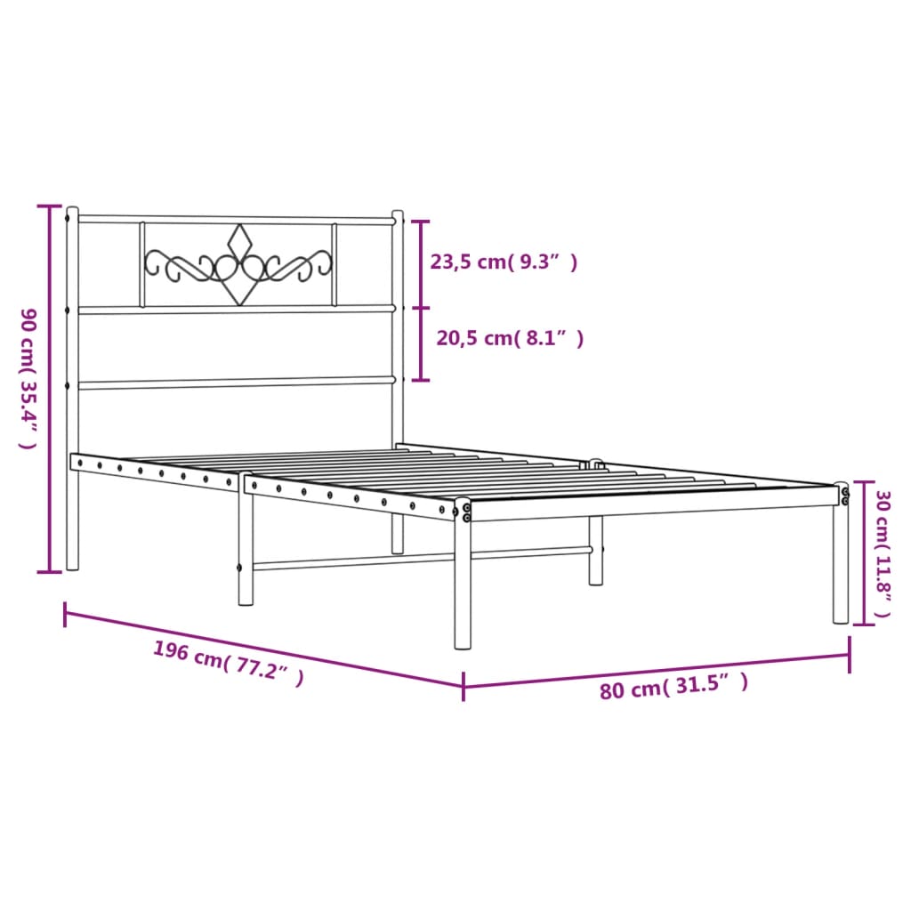 Metalni okvir krevet bez madraca s uzglavljem bijeli 75x190 cm