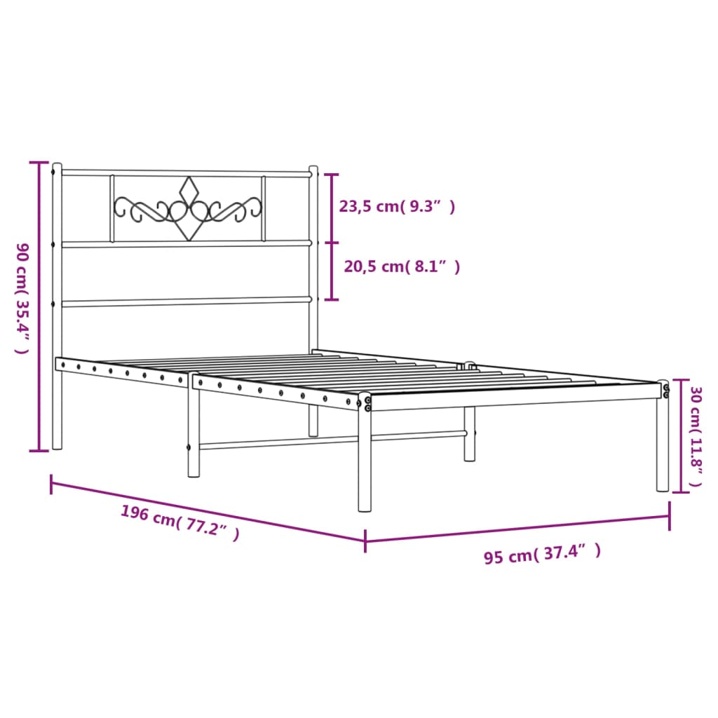 Metalni okvir za krevet s uzglavljem bijeli 90 x 190 cm