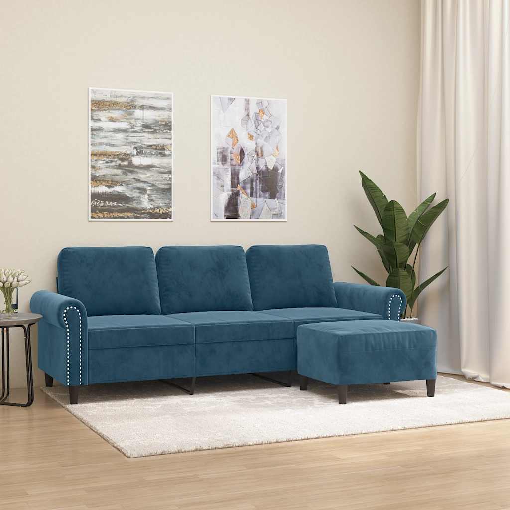 Trosjed s tabureom plavi 180 cm baršunasti