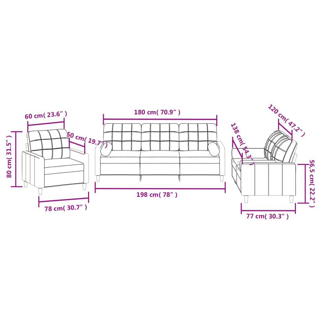 3-dijelni set sofa s jastucima smeđi od tkanine