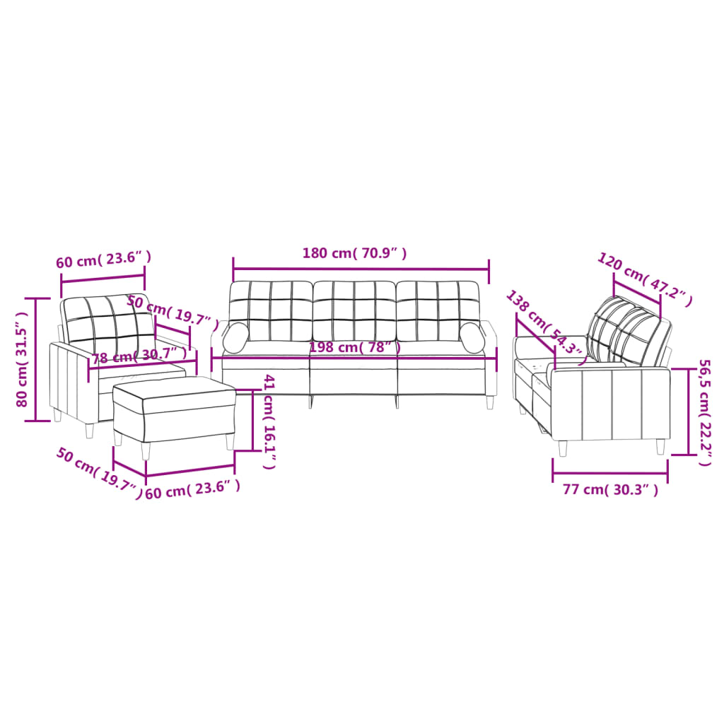 4-dijelni set sofa s jastucima crvena boja vina od tkanine