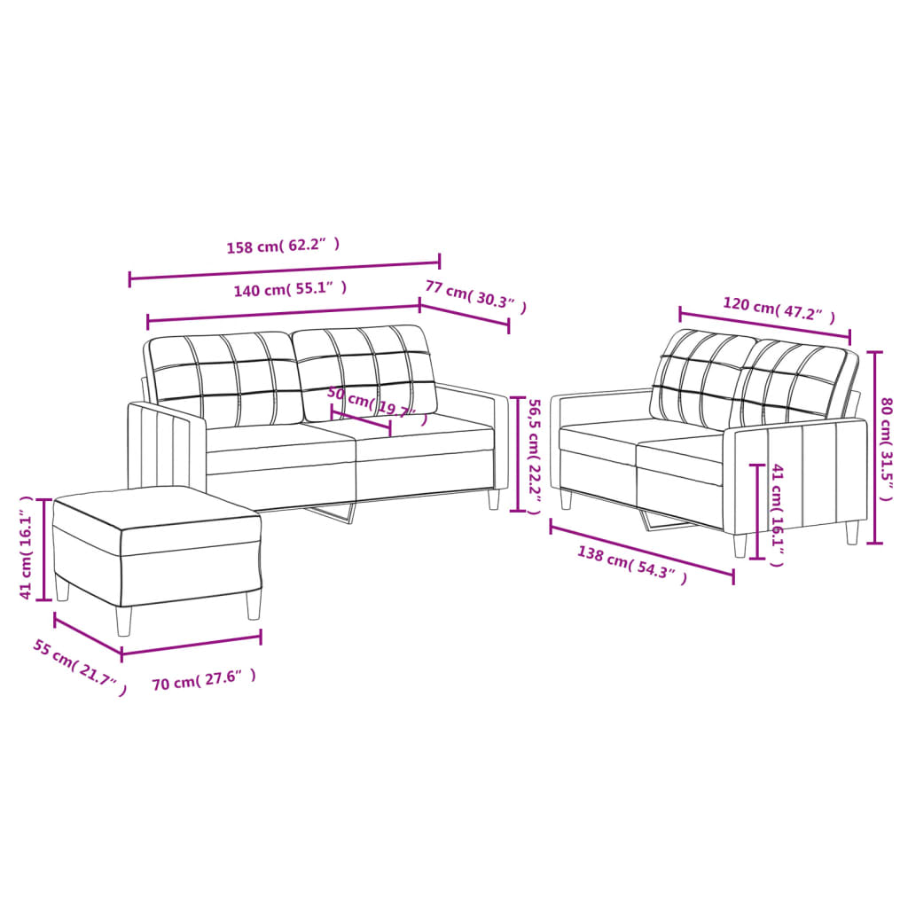 3-dijelni set sofa s jastucima svjetlosivi od tkanine