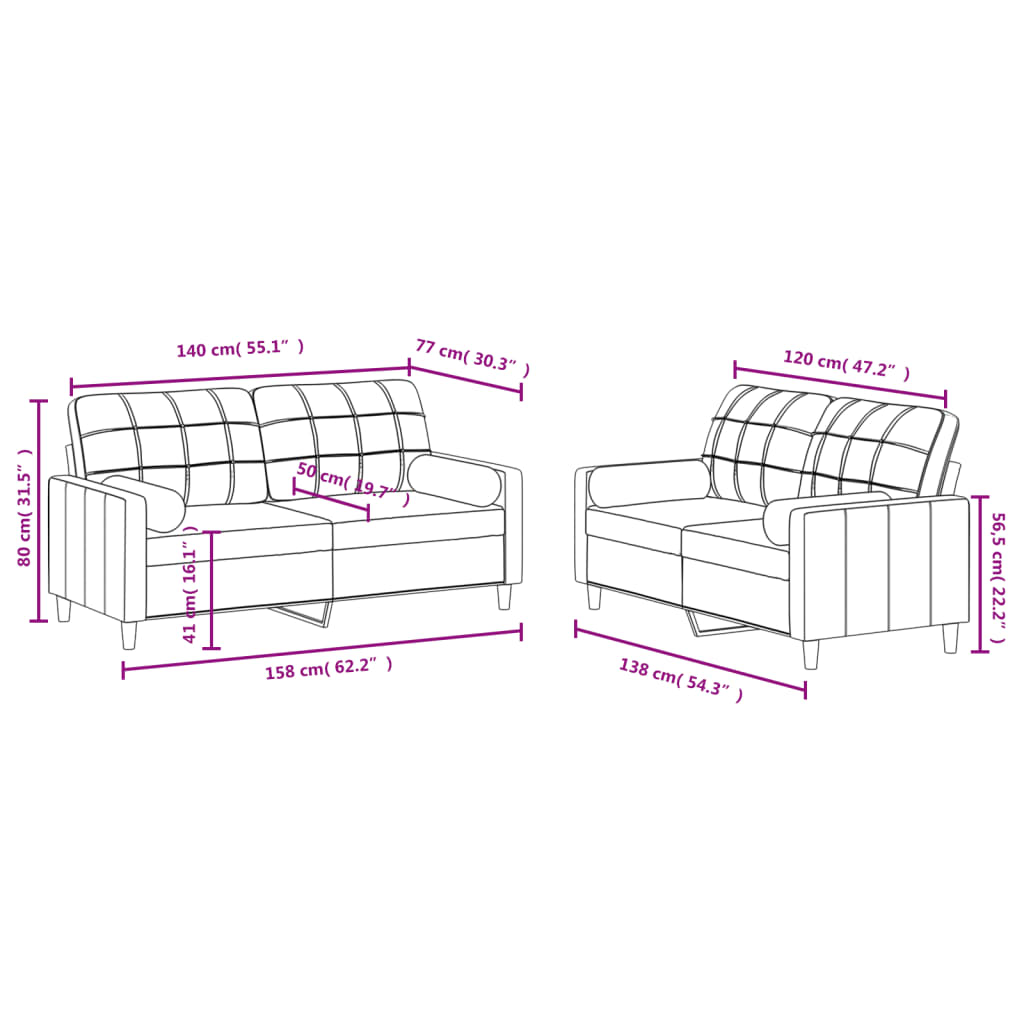 2-dijelni set sofa s jastucima krem od tkanine