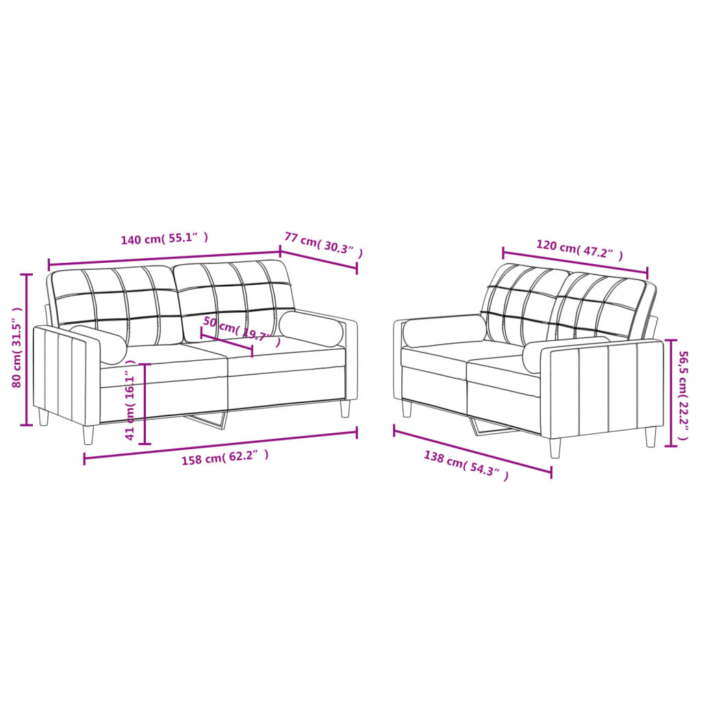 2-dijelni set sofa s jastucima crni od tkanine