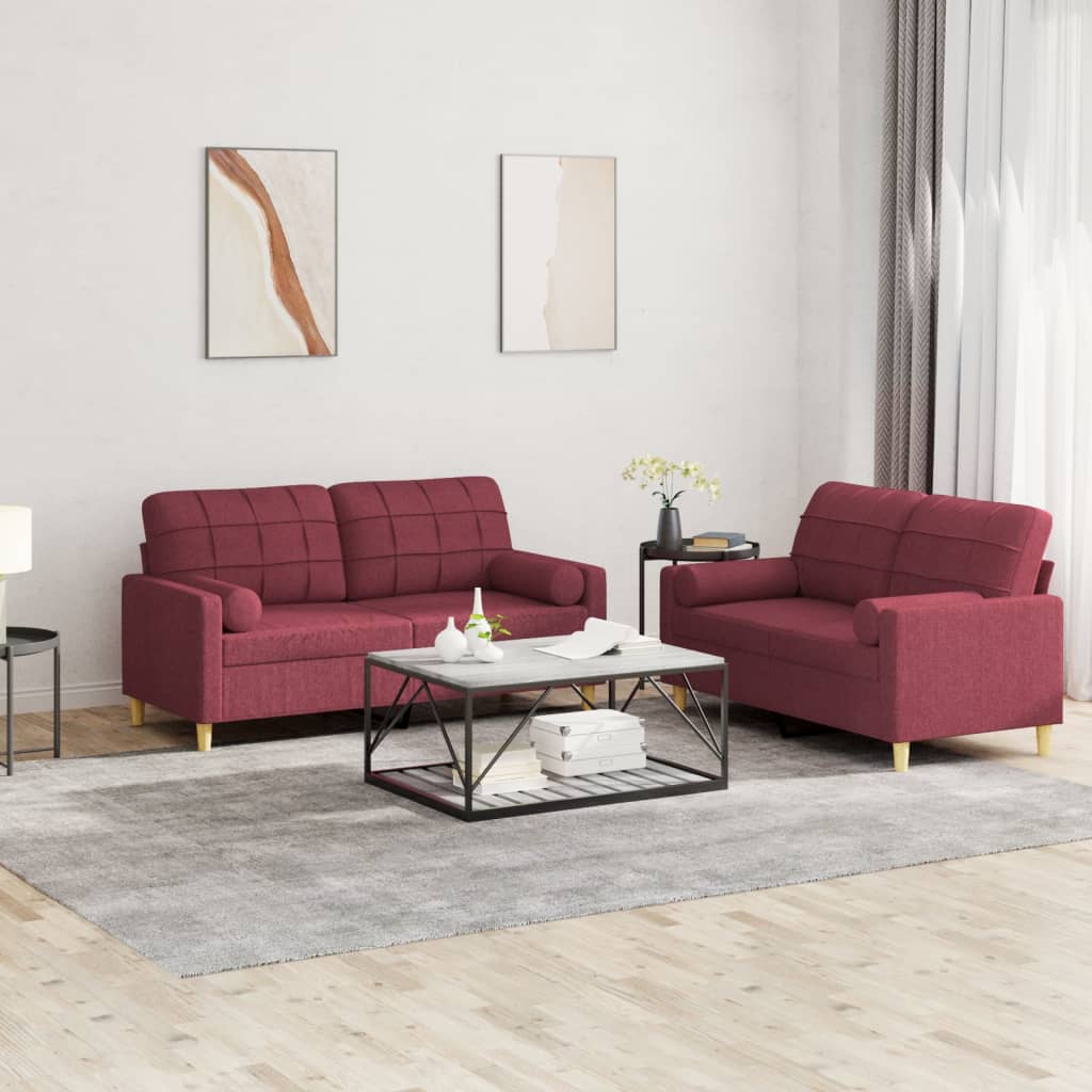 2-dijelni set sofa s jastucima crvena boja vina od tkanine