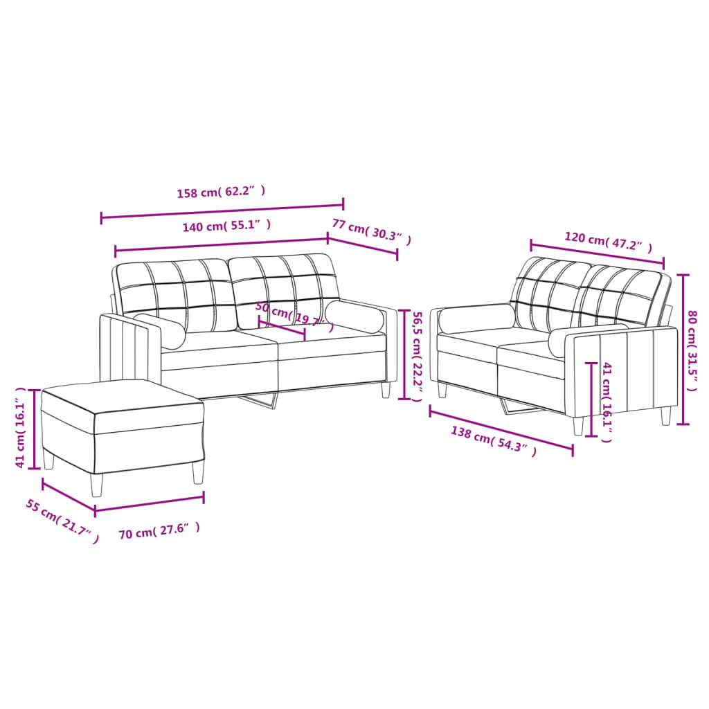 3-dijelni set sofa s jastucima svjetložuti od tkanine