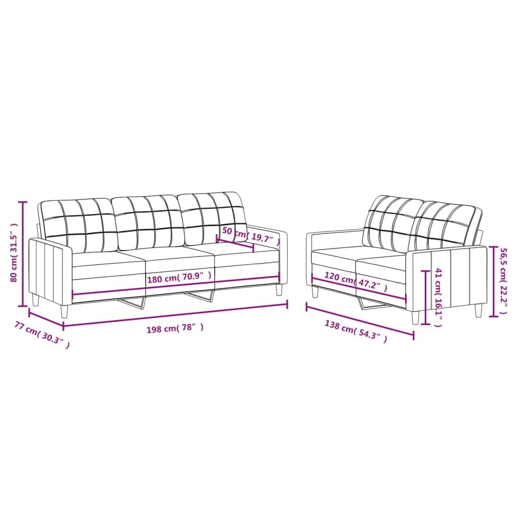 2-dijelni set sofa s jastucima krem od tkanine