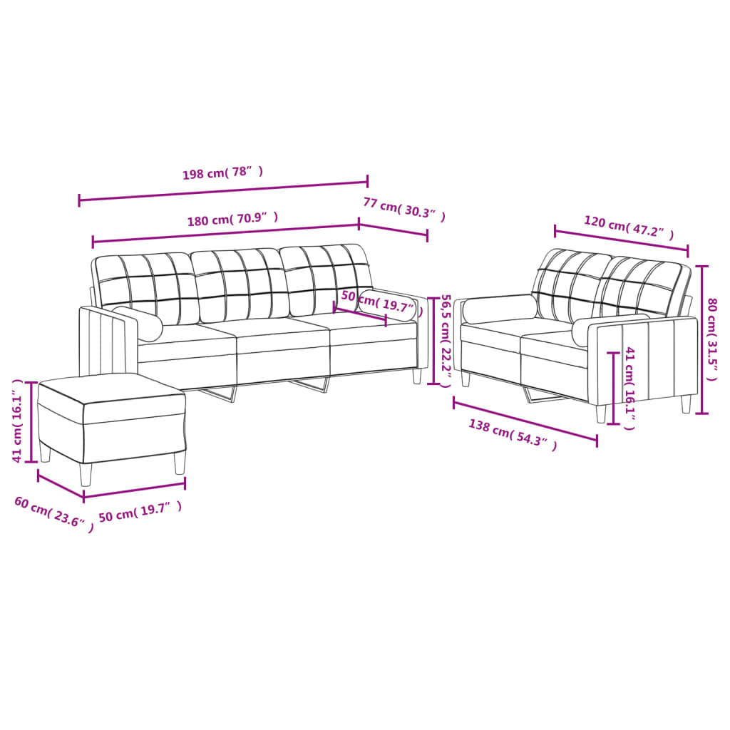 3-dijelni set sofa s jastucima smeđi od tkanine