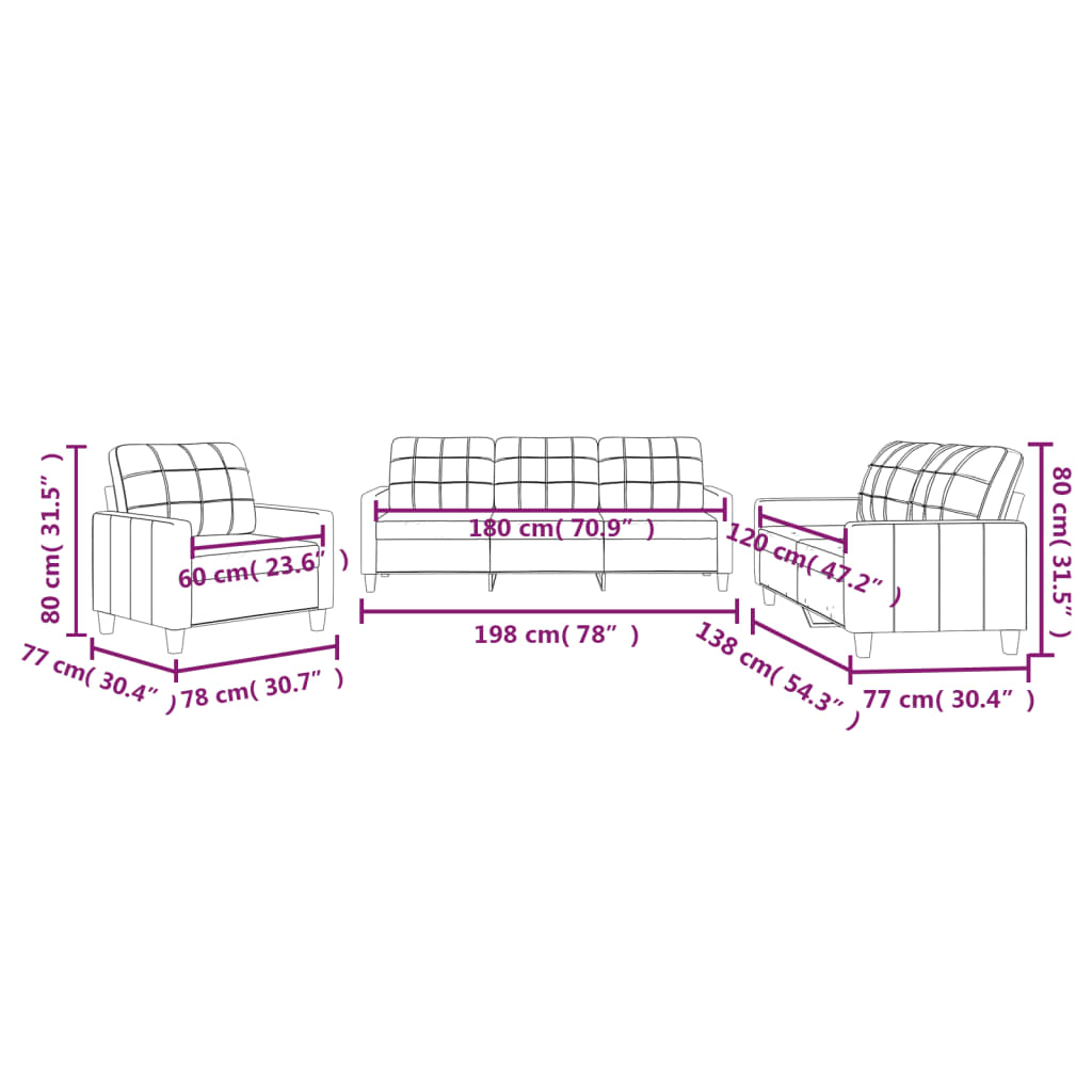 3-dijelni set sofa s jastucima boja vina od umjetne kože
